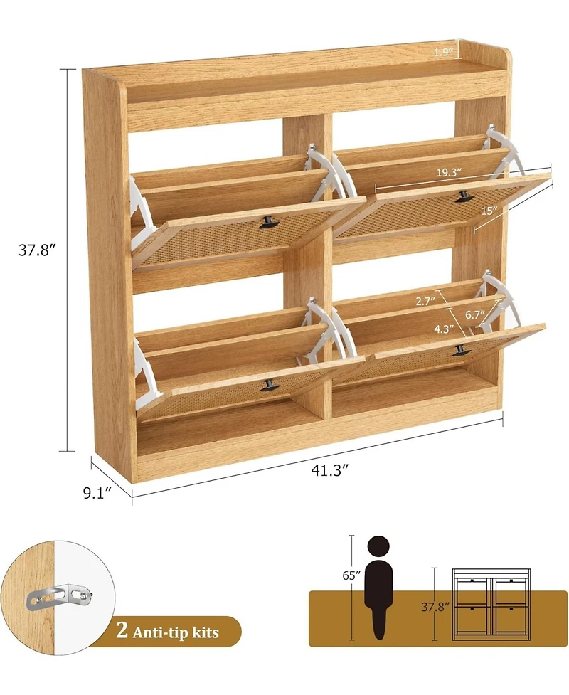 gaomon Shoe Cabinet Rattan with 4 Flip Drawers, Wooden Freestanding Shoe Organizer with Adjustable Shelves, Shoe Storage for Entryway, Closet