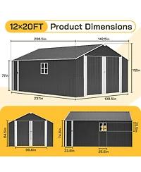 Streamdale Furniture 12x20 Ft Metal Shed Garage - 1810 Cuft, Double-Door, All-Weather Storage
