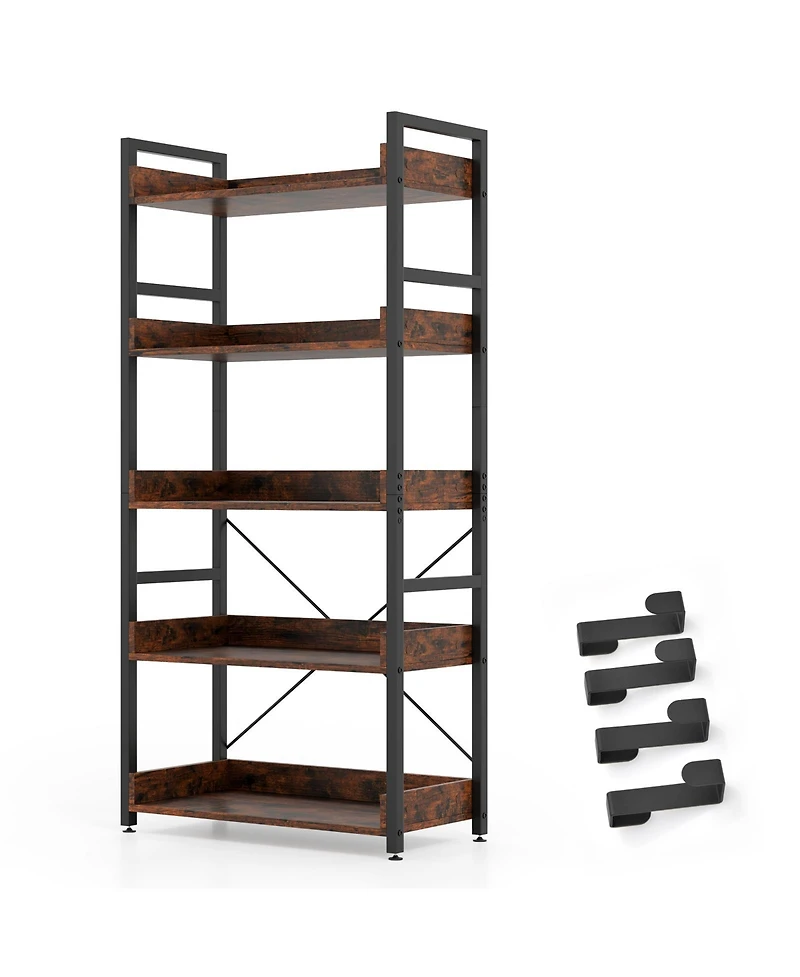Slickblue 5-Tier Bookshelf with 4 Hooks Industrial Storage Bookcase.