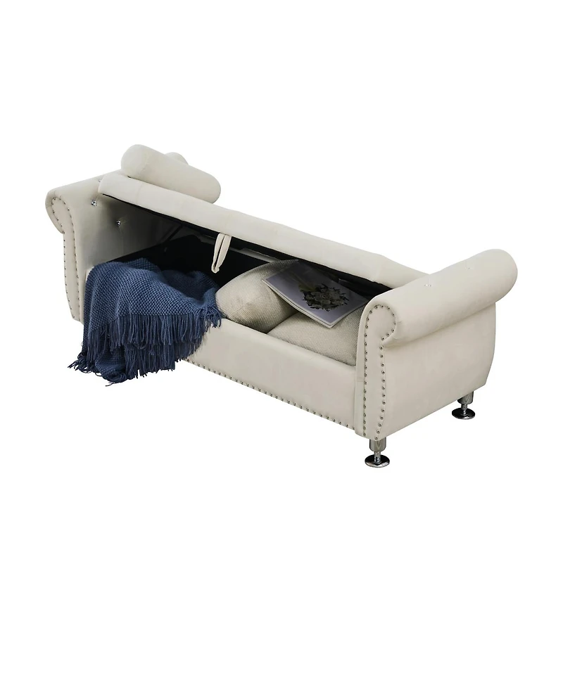 Streamdale Furniture Soft Velvet Storage Bench with Crystal Buttons and Pillow