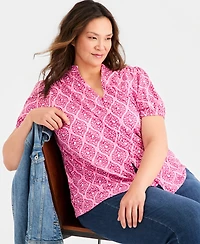 Style & Co Plus Puff-Sleeve Split-Neck Knit Top, Macy's Exclusive