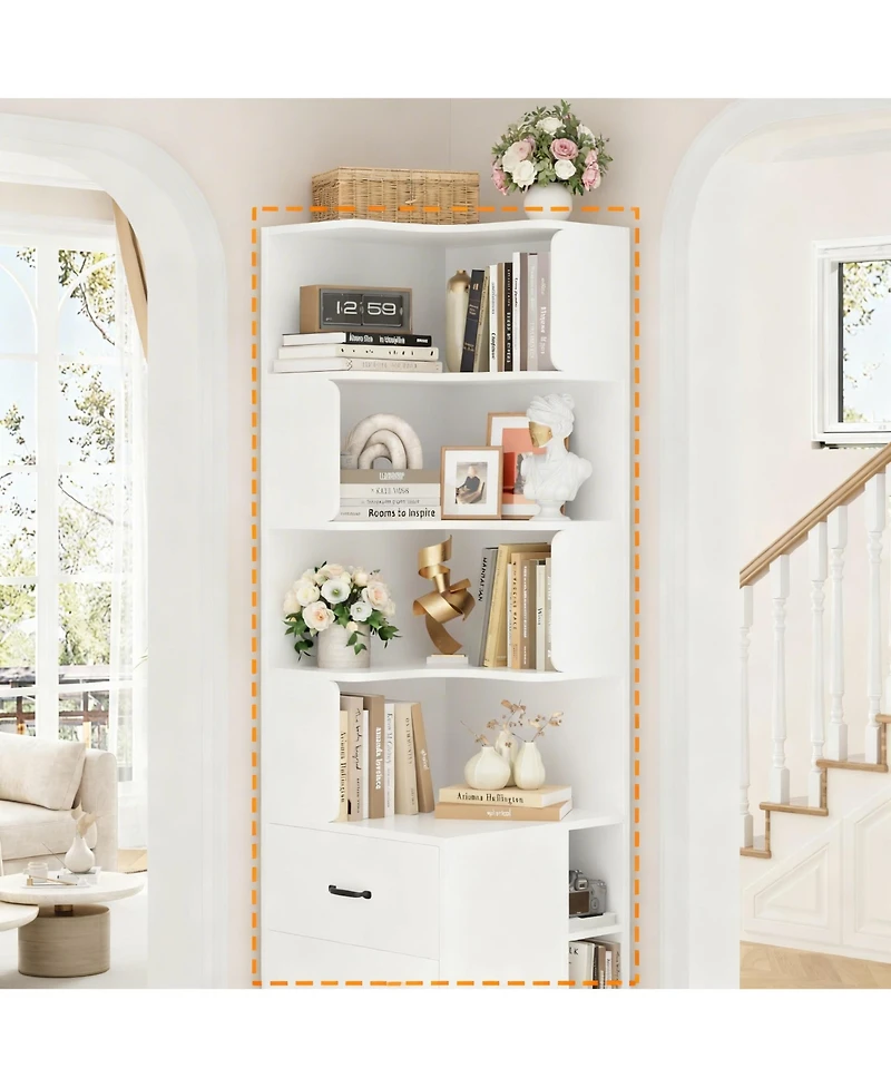 Yigii Corner Bookshelf L-Shaped 4-Tier 3 Drawers 3 Cubbies