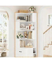 Yigii Corner Bookshelf L-Shaped 4-Tier 3 Drawers 3 Cubbies