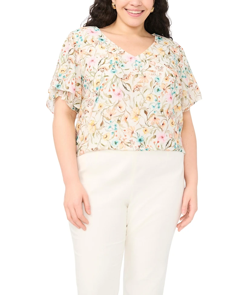 Vince Camuto Plus V-Neck Tulip Short-Sleeve Blouse