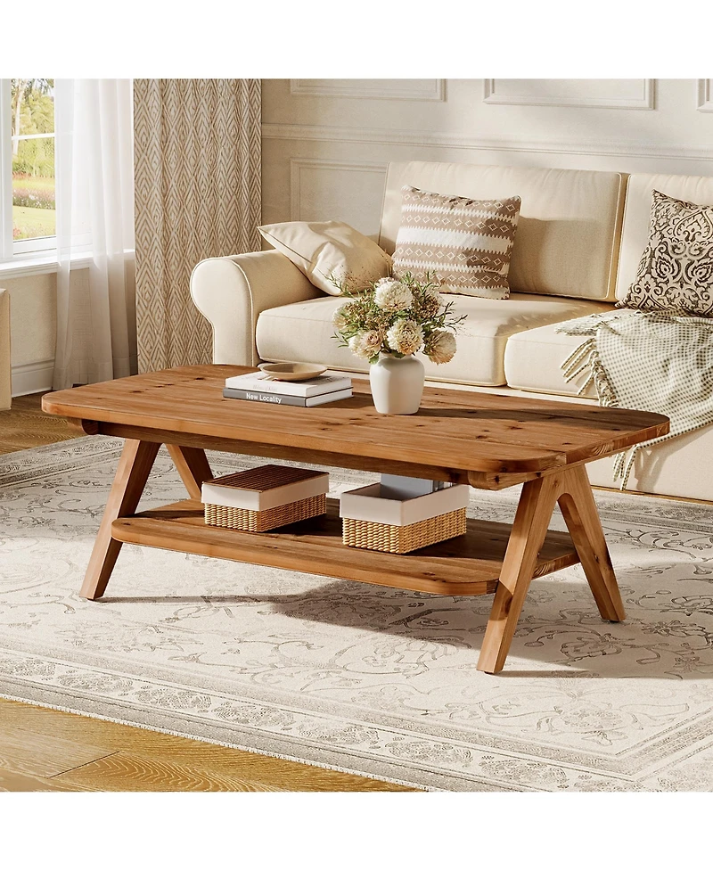 Tribesigns 2-Tier Solid Wood Coffee Table, 47.2" Rustic Wooden Rectangular Center Table