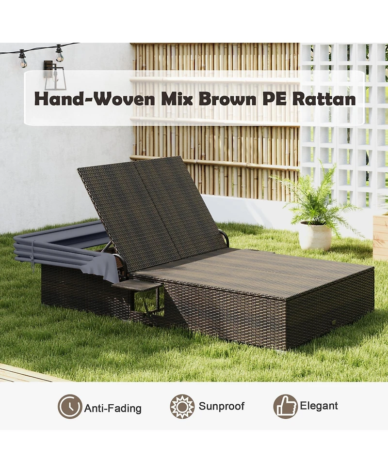 Gymax 2-person Rattan Lounge Bed w/ Retractable Canopy 5-position Adjustable Backrest
