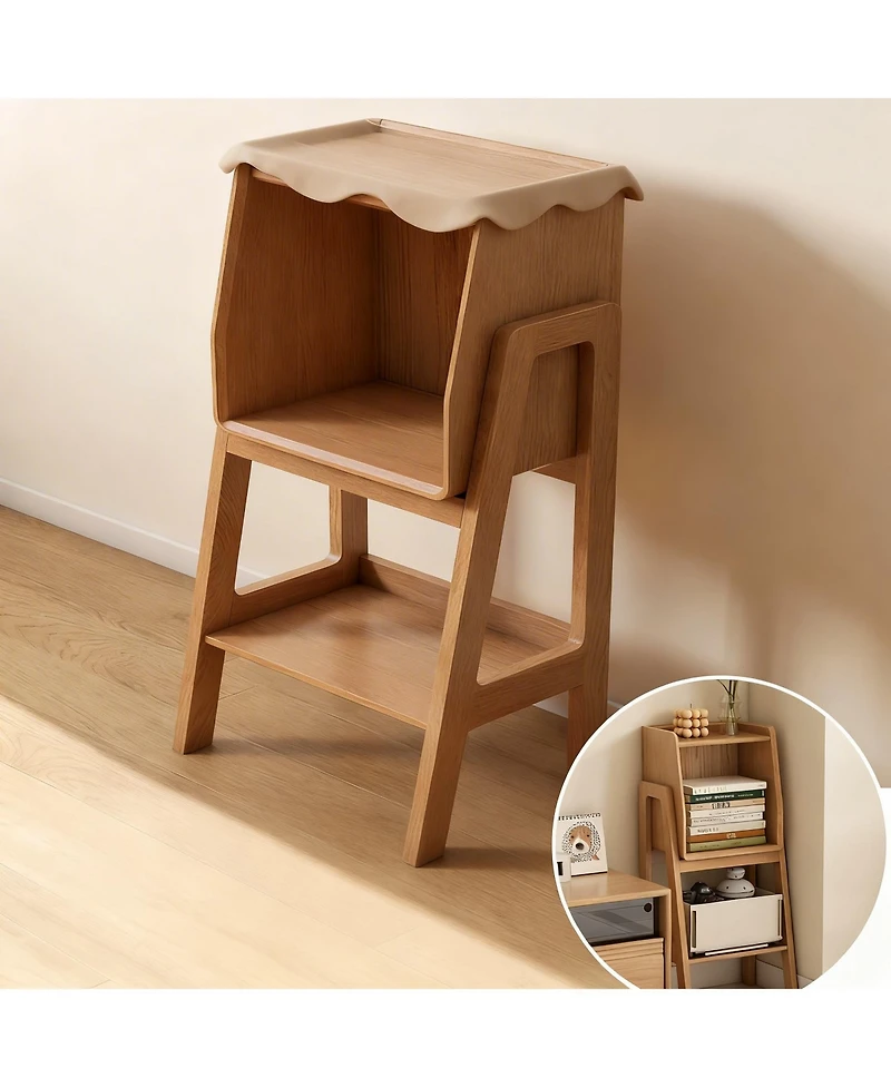 Solid Oak Ladder Shelf Nightstand 32.67" Tall Small Bookcase Bedroom Living Room Nursery Natural Fully Assembled