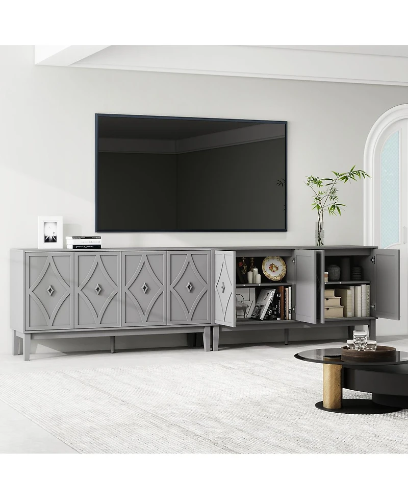 Streamdale Furniture Vintage 4-door cabinet with hand-carved geometric doors and adjustable shelves