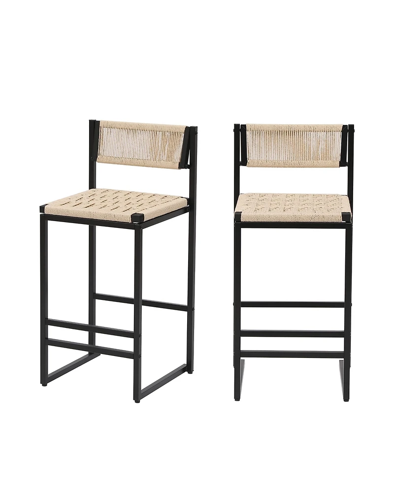 Rainsken Paper Rope Woven Bar Stools Set of 2, 25'' Counter Height Chairs with Back, Footrest for Kitchen Island, Home Pub