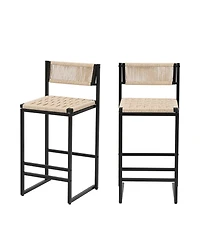 Rainsken Paper Rope Woven Bar Stools Set of 2, 25'' Counter Height Chairs with Back, Footrest for Kitchen Island, Home Pub