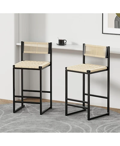 Rainsken Paper Rope Woven Bar Stools Set of 2, 25'' Counter Height Chairs with Back, Footrest for Kitchen Island, Home Pub
