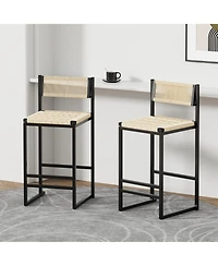 Rainsken Paper Rope Woven Bar Stools Set of 2, 25'' Counter Height Chairs with Back, Footrest for Kitchen Island, Home Pub