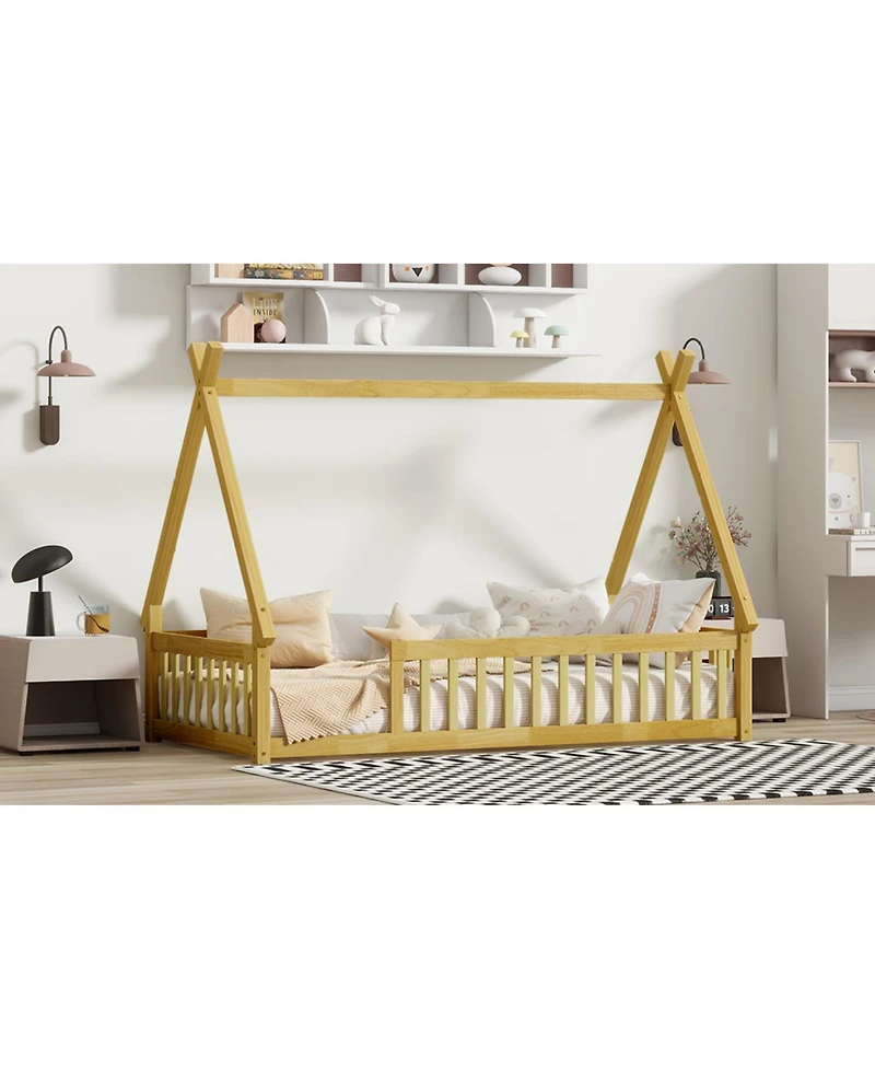 Streamdale Furniture Tent-shaped Floor Bed,Teepee Bed with Guardrails, Slats
