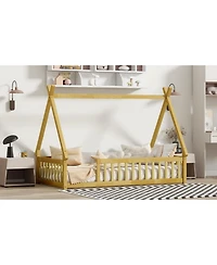 Streamdale Furniture Tent-shaped Floor Bed,Teepee Bed with Guardrails, Slats