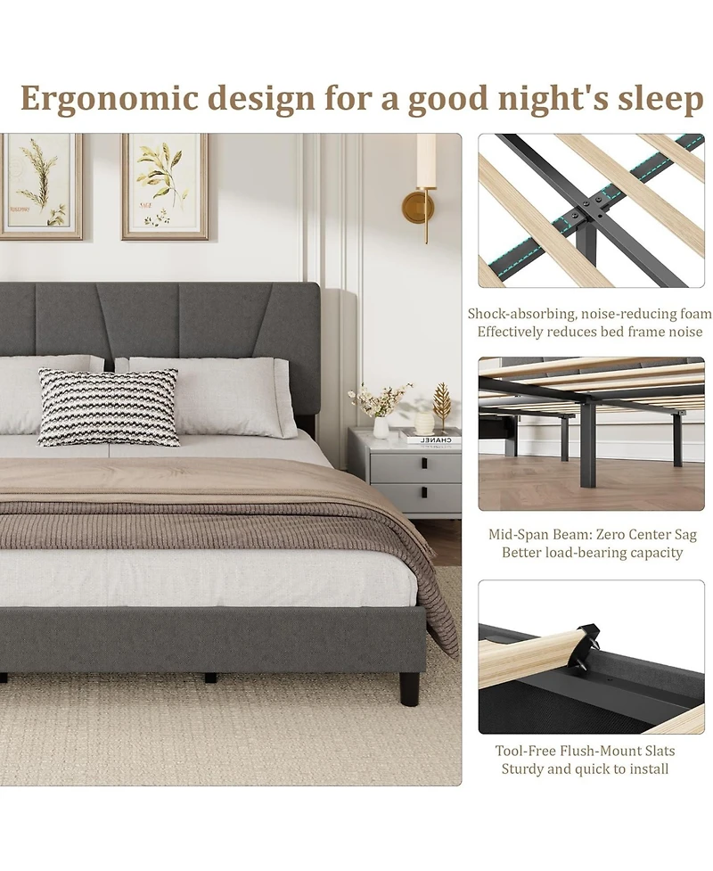 gaomon California King Platform Bed with Adjustable Headboard, Linen Upholstered Frame, Wood Slats