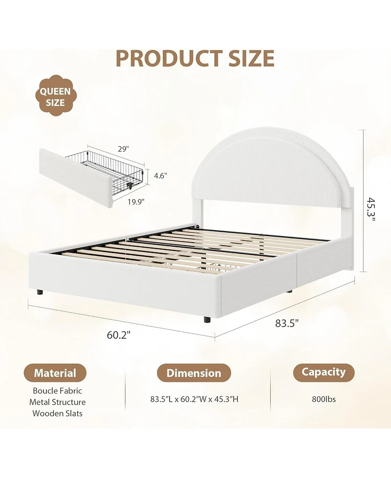 gaomon Boucle Bed Frame with 2 Drawers Upholstered Platform Round Headboard Wood Slats No Box Spring