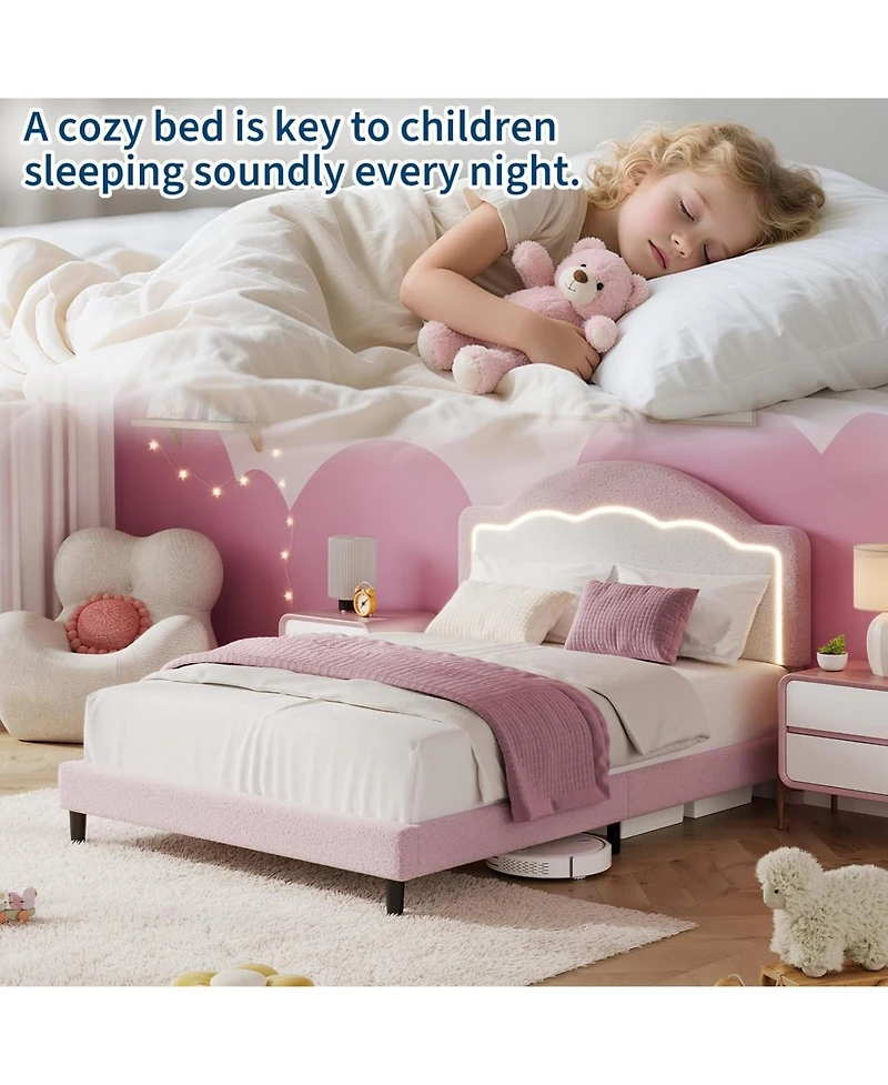 gaomon Kids Bed Frame with Led Headboard, Sherpa Upholstered Platform Bed, Wooden Slats Support, No Box Spring Needed