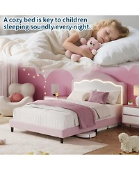 gaomon Kids Bed Frame with Led Headboard, Sherpa Upholstered Platform Bed, Wooden Slats Support, No Box Spring Needed