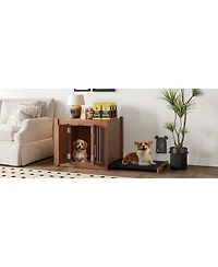 Aostirmotor Walnut Luxury Dog Crate Side Table with Storage Ottoman and Removable Cushion