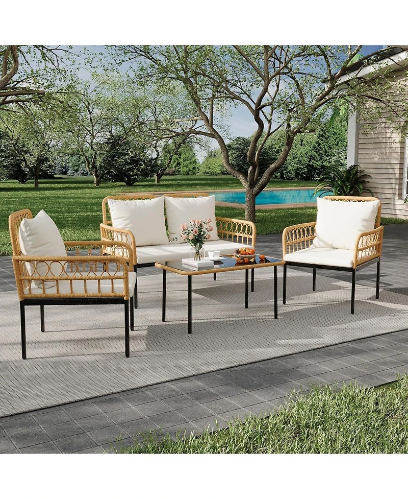 gaomon 4 Pieces Outdoor Patio Furniture Set with Table, All-Weather Boho Wicker Rattan Patio Sectional L-Shaped Sofa, Metal Frame, Detachable Cushions