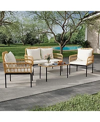 gaomon 4 Pieces Outdoor Patio Furniture Set with Table, All-Weather Boho Wicker Rattan Patio Sectional L-Shaped Sofa, Metal Frame, Detachable Cushions