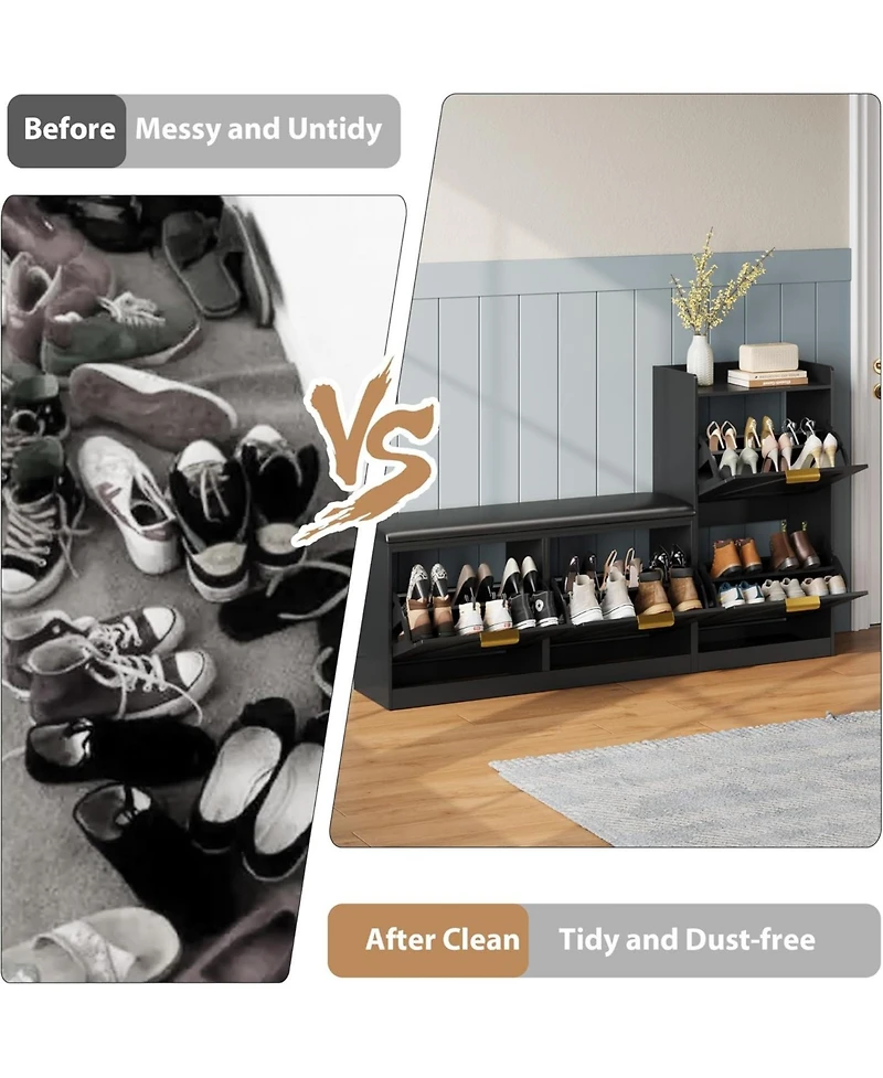 gaomon Farmhouse Freestanding Shoe Cabinet with Cushioned Bench and 4 Flip Drawers.