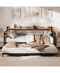 gaomon Daybed with Trundle, Storage Headboard with Charging Station & Storage Bags, Sofa Bed for Bedroom,Guest Room