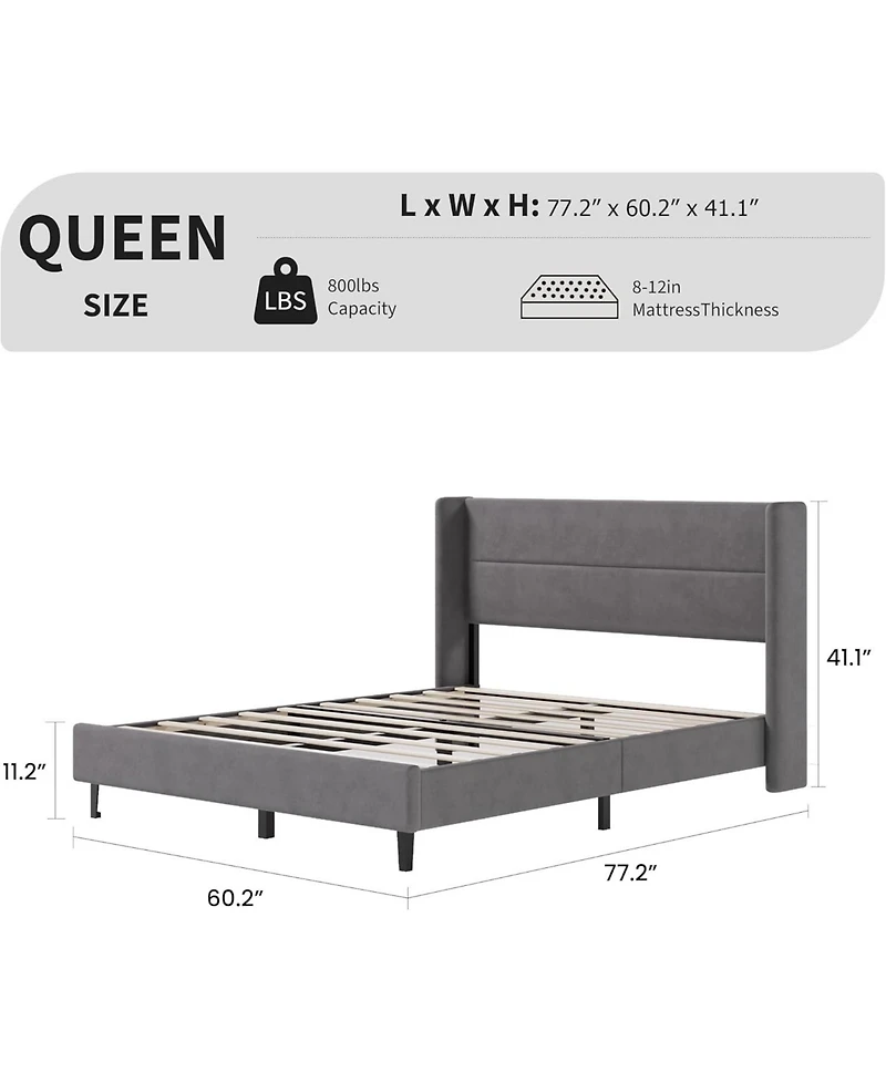 gaomon Velvet Bed Frame with Wingback Headboard, Upholstered Platform Bed with Wood Slats, No Box Spring Needed