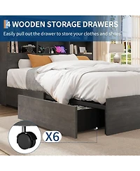 gaomon King Bed Frame with Storage Bookcase Headboard & 4 Drawers, Wood Platform Bed with Charging Station,No Box Spring, Ink