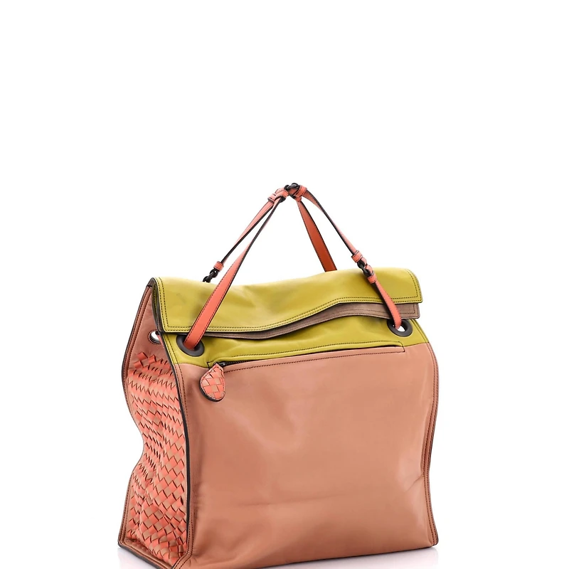 Pre-Owned Bottega Veneta Palio Fold Over Tote Colorblock Nappa Leather With Intrecciato Detail
