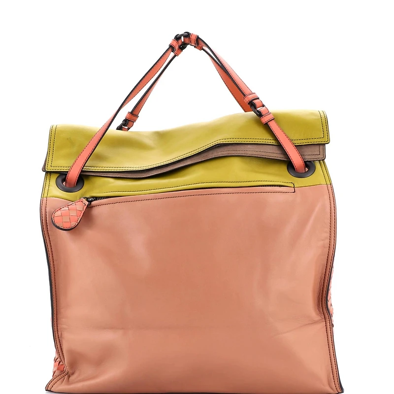 Pre-Owned Bottega Veneta Palio Fold Over Tote Colorblock Nappa Leather With Intrecciato Detail