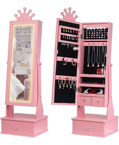 gaomon Kids Jewelry Armoire,Child Jewelry Cabinet with Led Light,Freestanding Jewelry Organizer with Full Length Mirror&Storage Drawers