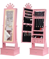 gaomon Kids Jewelry Armoire,Child Jewelry Cabinet with Led Light,Freestanding Jewelry Organizer with Full Length Mirror&Storage Drawers