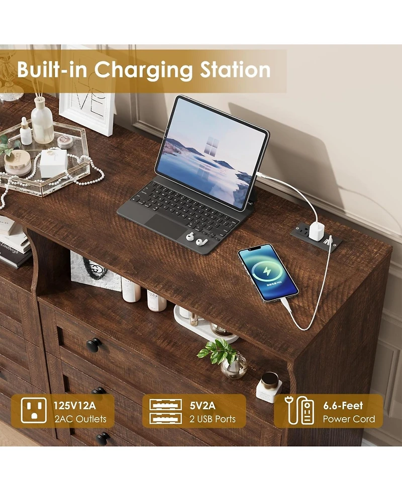 gaomon 6 Drawer 55 Inch Bedroom Dresser with Led Lights Plus Power Outlet Modern Wood Tv Dresser Storage Organizer