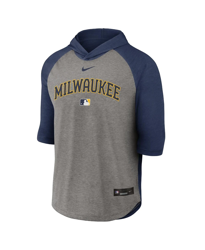 Nike Men's Navy Milwaukee Brewers Authentic Collection Flux Dri-fit Raglan 3/4-Sleeve Hooded T-Shirt