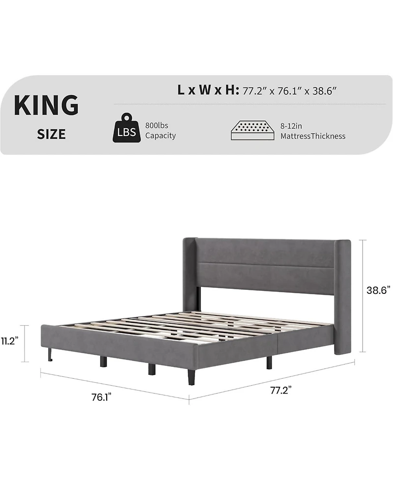 gaomon King Velvet Bed Frame with Wingback Headboard, Upholstered Platform Bed with Wood Slats