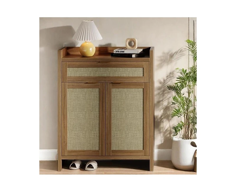 Homfan Modern Rattan Shoe Cabinet with Storage, 32 Boho Style Shoe Organizer Storage Cabinets, 5-Tiers Wooden Shoe Rack Organizer