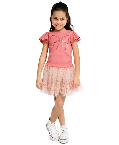 Kids Headquarters Girls' 4-6X Flutter Sleeve Ribbed Top and Printed Tulle Skort, 2-Piece Set