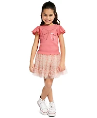 Kids Headquarters Girls' 4-6X Flutter Sleeve Ribbed Top and Printed Tulle Skort, 2-Piece Set