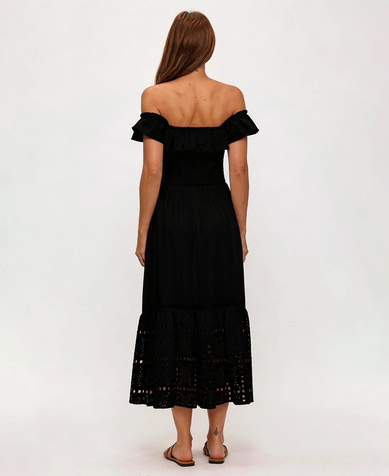 Dotti Women's Off-The-Shoulder Flounced Smocked Midi Dress