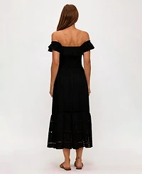 Dotti Women's Off-The-Shoulder Flounced Smocked Midi Dress