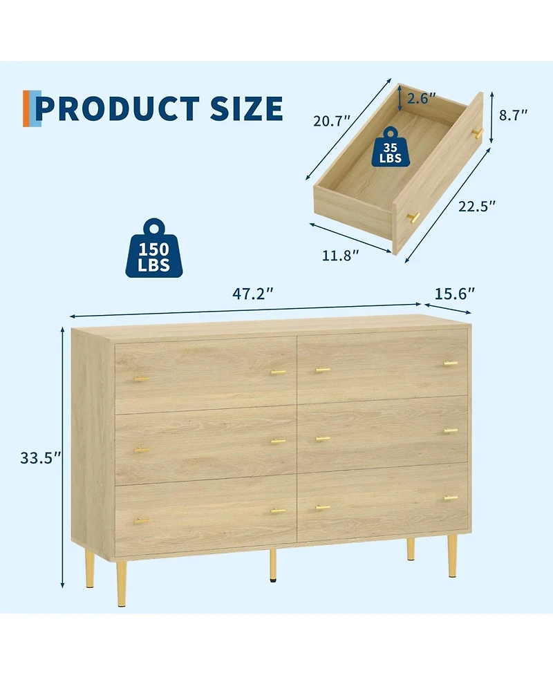 gaomon Farmhouse 6-Drawer Dresser, 47.2" Wide Rustic Wooden Chest with Bar Handles, Large Storage Organizer for Bedroom, Living Room, Entryway