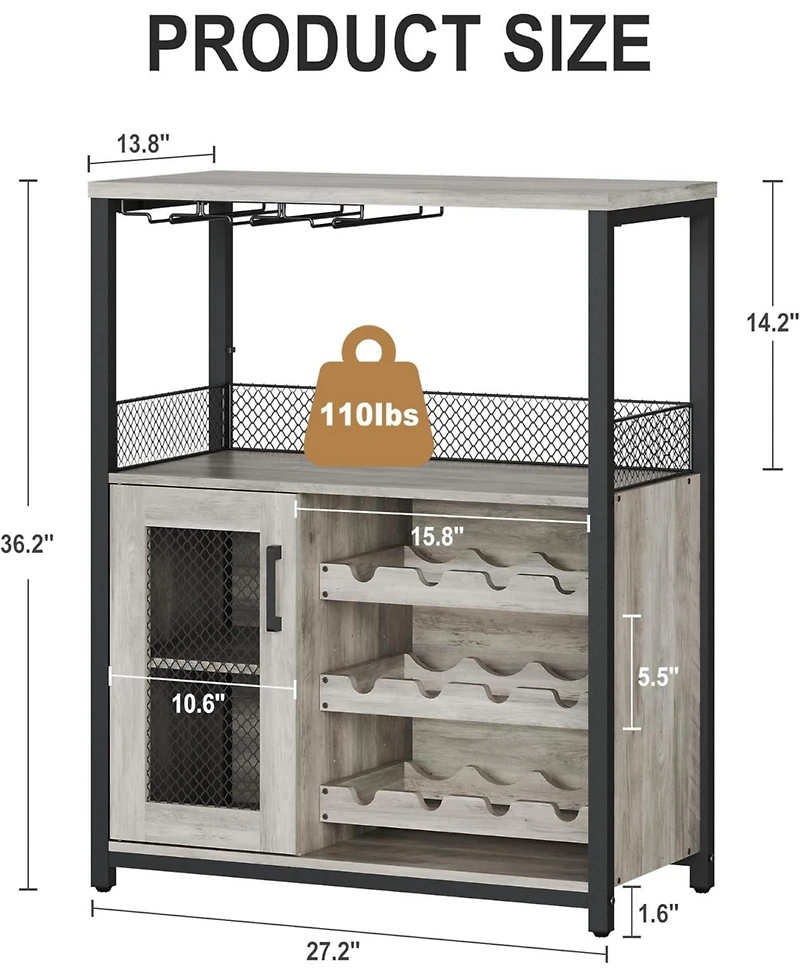 Wooden Wine Bar Cabinet with Led Light, Adjustable Shelves, Glass Holders & Mesh Door, Compact Sideboard