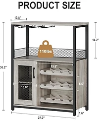 Wooden Wine Bar Cabinet with Led Light, Adjustable Shelves, Glass Holders & Mesh Door, Compact Sideboard
