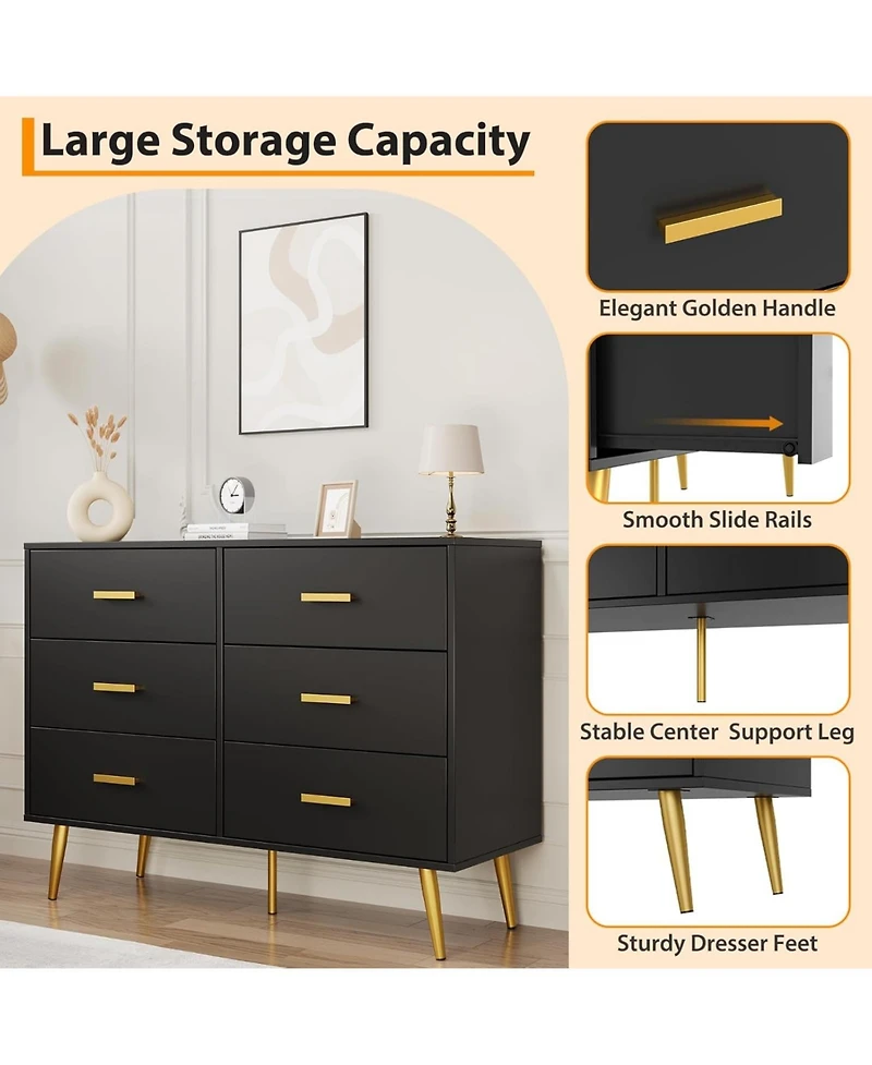 gaomon 6-Drawer Wide Chest, Contemporary Wood Storage, Bedroom Dresser with Sliding Drawers, Office, Lounge