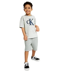 Calvin Klein Toddler and Little Boys' 2T-7 Relaxed Striped T-shirt French Terry Cargo Shorts, 2-Piece Set