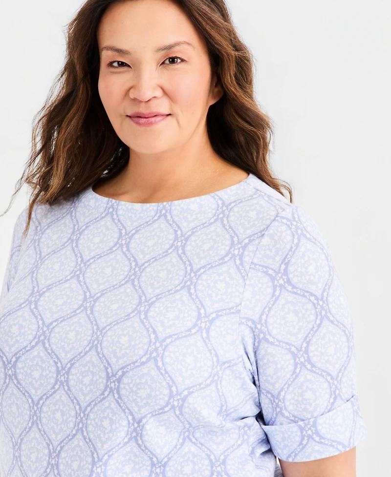 Style & Co Plus Printed Boat-Neck Elbow-Sleeve Top, Macy's Exclusive