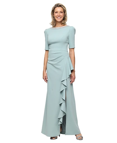 Alex Evenings Petite Embellished-Neck Ruffle Gown