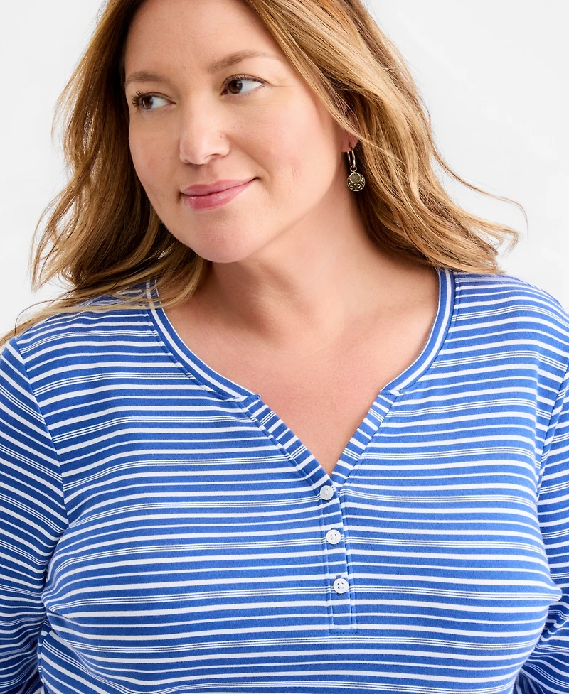 Style & Co Plus Ink Stripes 3/4-Sleeve Henley Top, Macy's Exclusive