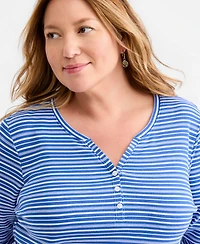 Style & Co Plus Ink Stripes 3/4-Sleeve Henley Top, Macy's Exclusive